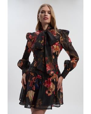 Floral Print Organdie High Neck Woven Mini Dress