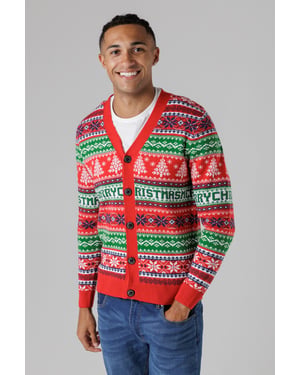 Red Festive Jacquard V-Neck Cardigan