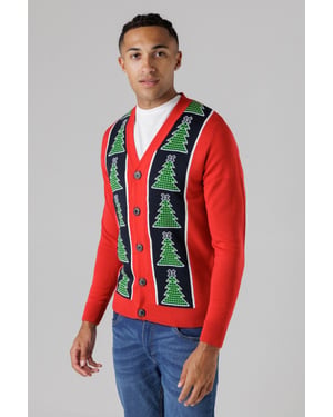 Red Festive Jacquard V-Neck Cardigan