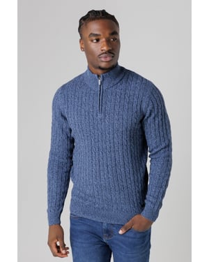 Mid Blue Quarter Zip Cotton Blend Jumper