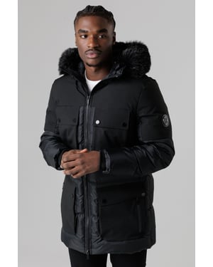 Black Padded Parka Jacket With Faux Fur-Lined Hood