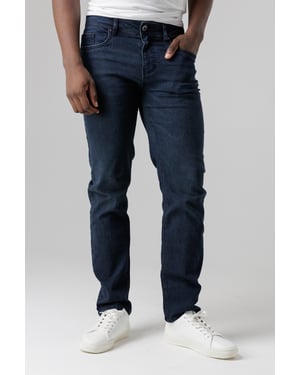 Dark Blue Straight Fit Cotton Blend Jeans