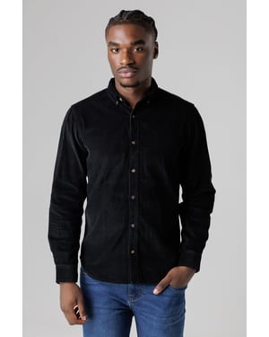 Black Cotton Corduroy Shirt With Button Collar