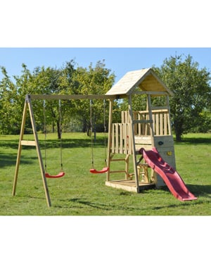 Wendi Toys Houten speeltoren flamingo | met glijbaan, klimwand, 2 schommels &