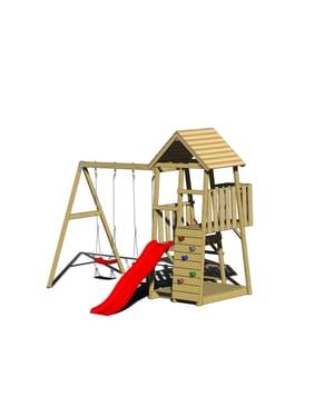 Wendi Toys Houten speeltoren salamander glijbaan, klimwand en 2 schommels