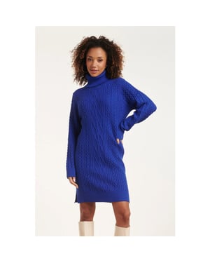 Smashed Lemon 24629 blauwe gebreid jurk met kabeltructuur