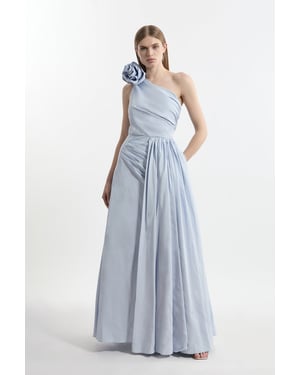 Petite Taffeta Rosette Neck Tailored Pleat Gathered Maxi Dress
