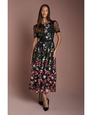 Lace Trim Detail Embroidered Mesh Midi Dress