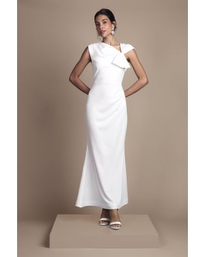 Asymetric Neckline with Bow Detail Crepe Midi Wedding Dress