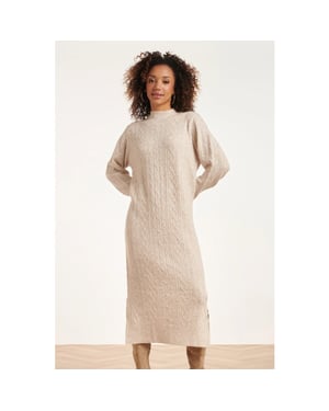 Smashed Lemon 24631 beige e gebreide midi jurk met kabelstructuur |