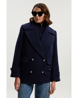 Wool Detachable Knitted Neck Tailored Double Breasted Pea Coat