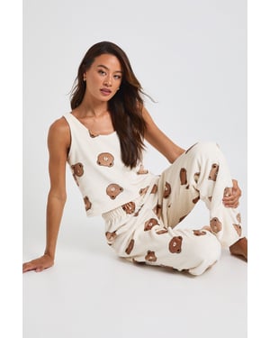 Tall Bear Print Fleece Cami Top & Wide Leg Trousers Lounge Set