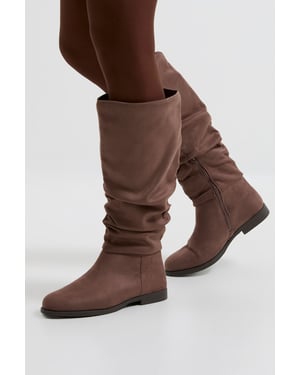 Karina Faux Suede Flat Knee High Ruched Boots