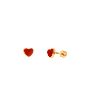 Gold Plated Enamel Red Heart Flatback Stud Earrings