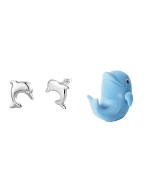 Sterling Silver Jumping Dolphin Kids Stud Earrings - Novelty Gift Box Included