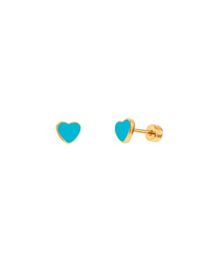 Gold Plated Enamel Blue Heart Flatback Stud Earrings