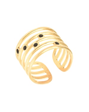 Gold Plated Stacked Black Enamel Ring - Adjustable Ring