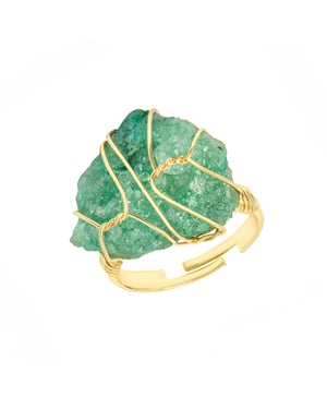Gold Plate Raw Stone Wire Wrap Ring - Jade - Adjustable Ring