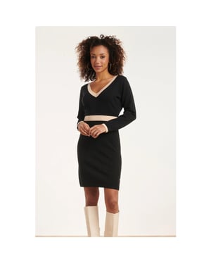 Smashed Lemon 24632 beige bicolor gebreide jurk met v-hals |