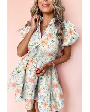 Floral Mini Dress Tiered Skirt Puff Sleeves