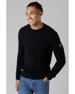 Black Regular Fit Cotton Rich Cable Knit Crew Neck Jumper