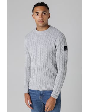 Light Grey Regular Fit Cotton Rich Cable Knit Crew Neck Jumper