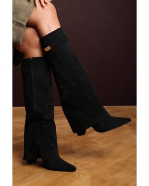 Wheres That From Womens 'Nova' Fold Over Shark Block Heel Point Toe Boots Suede