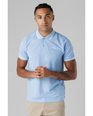 Mid Blue Regular Fit Cotton Button Polo Shirt With Stripe Detail