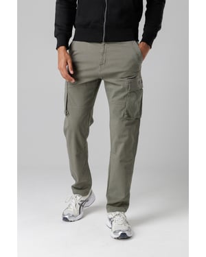 Khaki Cotton Stretch Utility Cargo Trousers With Oversized Pockets