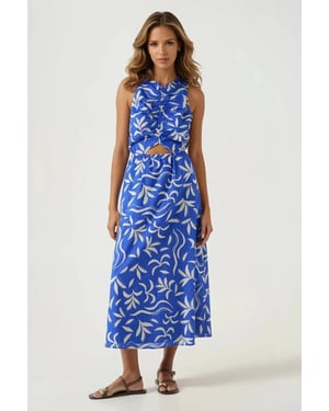Blue Leaf Print Summer Dress