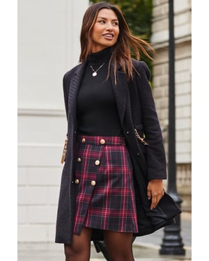 Black Boucle Coat With Gold Belt Detail
