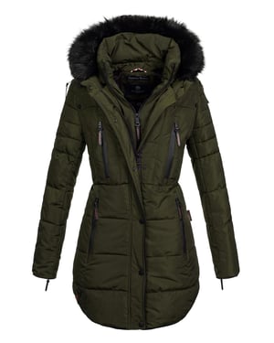 Marikoo lange dames winterjas Moonshine met imitatiebontkraag & teddyvoering