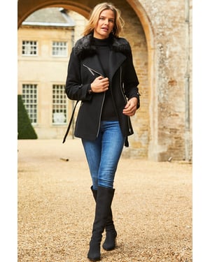 Black Longline Biker Jacket With Faux Fur Collar