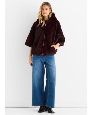 Burgundy Hooded Chevron Faux Fur Cape Jacket