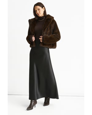 Coffee Crushed Look Faux Fur Cropped Jacket
