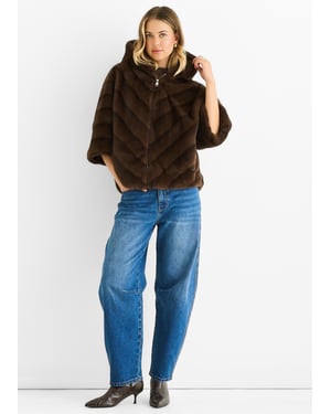 Coffee Hooded Chevron Faux Fur Cape Jacket