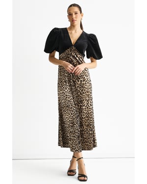 Black Animal Velvet Contrast Top Ocassion Midi Dress