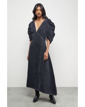 Denim Gathered Shoulder Seam Detail Midi Dress