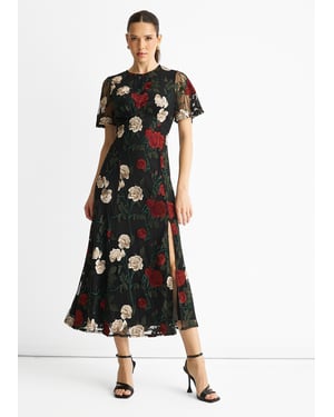 Black Angel Sleeves Embroidered Occasion Midi Dress