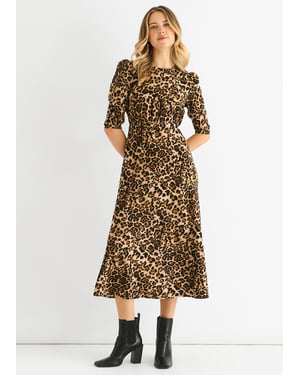 Brown Animal Print Satin Animal Shift Midi Dress