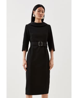 Petite Tailored Structured Crepe Roll Neck Pencil Midi Dress