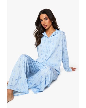 Petite Bow Print Long Sleeve Shirt & Trousers Pyjama Set