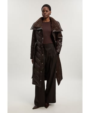 Padded Faux Leather & Faux Fur Mix Midi Coat