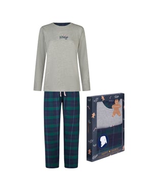 Happy Shorts Dames kerst pyjama set shirt + broek giftbox grijs/groen geruit flanel