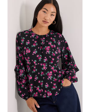 Petite Black Floral Ruffle Blouson Sleeve Empire Seam Blouse
