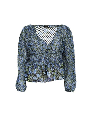 Blus med blommönster och smockad midja