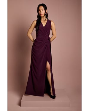 V Neck Wrap Detail Crepe Maxi Bridesmaid Dress