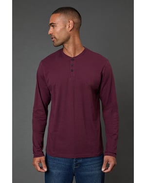 Burgundy Long Sleeve Grandad Neck T-Shirt