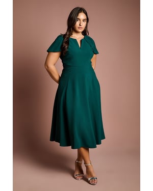 Plus V Neck Short Sleeve Ponte Midi Dress