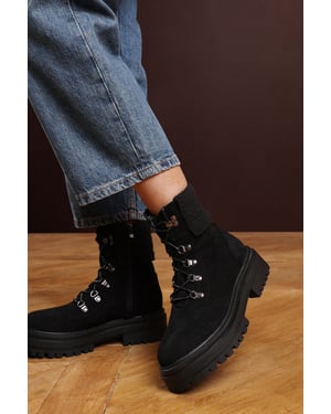 Wheres That From Womens 'Una' Suede Lace-Up Ankle Boots with Faux Fur Trim and Chunky Sole